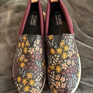 Toms Black Slip-On Shoes with Mustard Yellow & Pink Floral Print